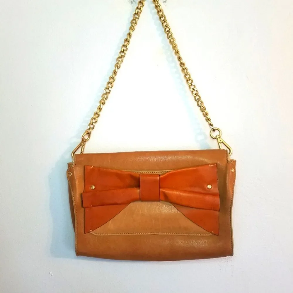 Nanette Lepore Brown Leather Bow Shoulder Bag Detachable Chain Strap